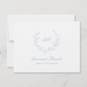 Carte De Remerciements Dusty Blue Wreath Monogramme Photo Mariage élégant