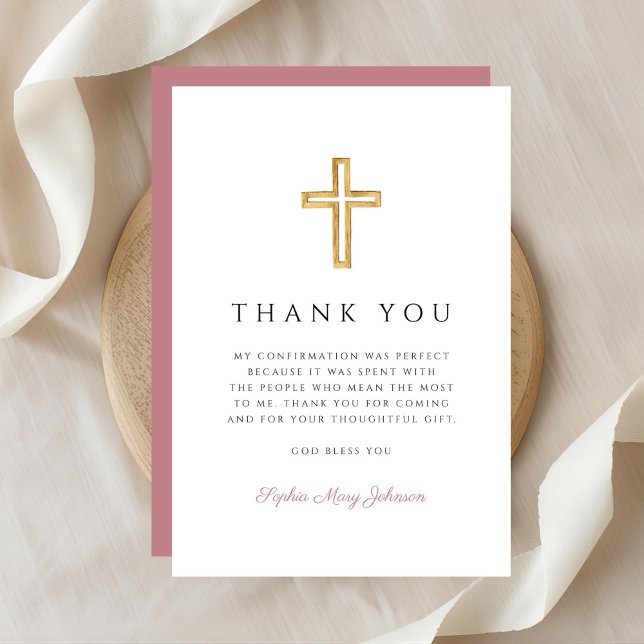 Carte De Remerciements Dusty Pink Religious Cross Girl Confirmation (Dusty Pink Religious Cross Girl Confirmation Thank You Card)
