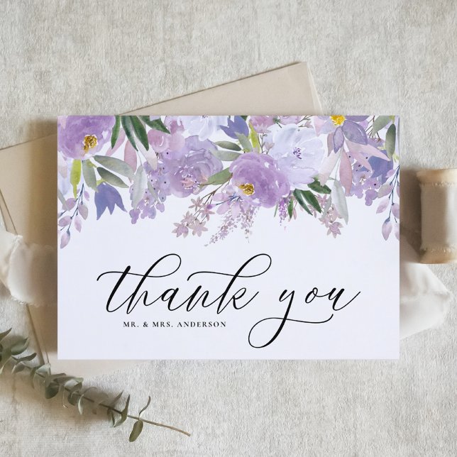 Carte De Remerciements Dusty Purple Aquarelle Fleurs Mariage Garland (Créateur téléchargé)