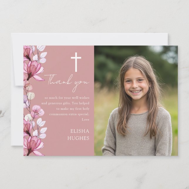 Carte De Remerciements Dusty Rose rose florale photo première sainte comm (Devant)