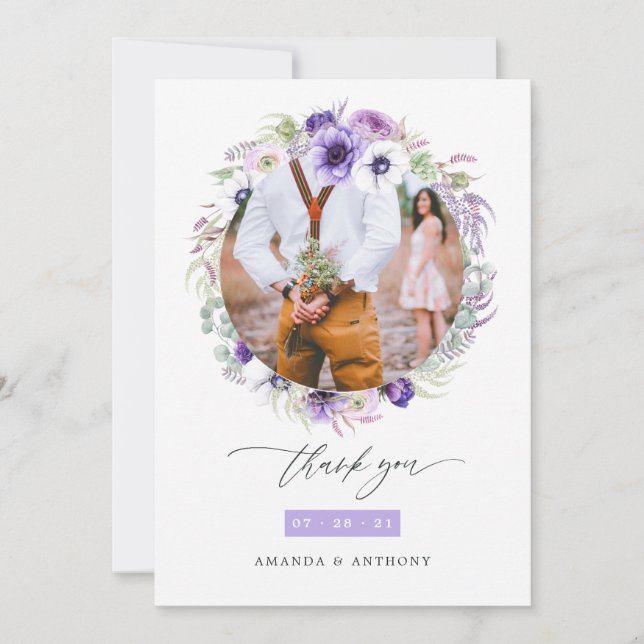 Carte De Remerciements Dusty Violet Pastel Floral Mariage Photo Collage (Devant)