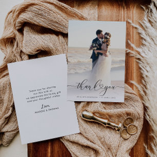 Carte De Remerciements écriture cardiaque jeunes mariés mariage photo mer