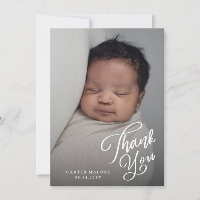 Carte De Remerciements Écriture Élégante Simple Photo de Bébé (Devant)