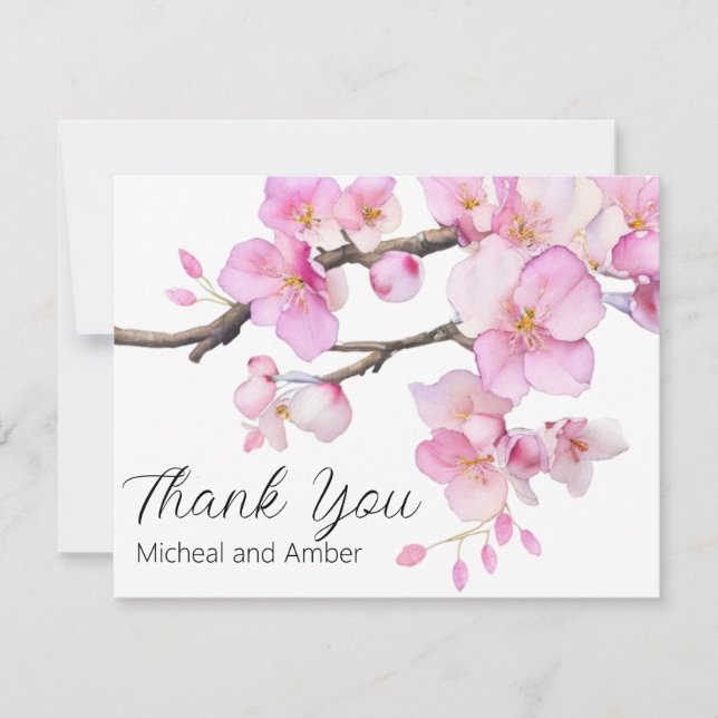 Carte De Remerciements Écriture florale rose cerisier d'aquarelle (Devant)