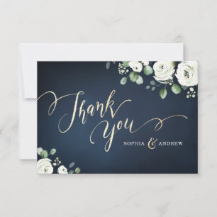 Carte De Remerciements Écriture or moderne marine bleu blanc mariage flor