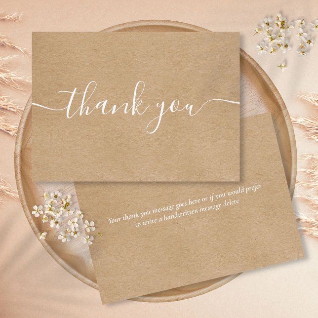 Carte De Remerciements Écriture simple élégante blanche Kraft rustique (Rustic Kraft Simple Elegant White Script Thank You Card)