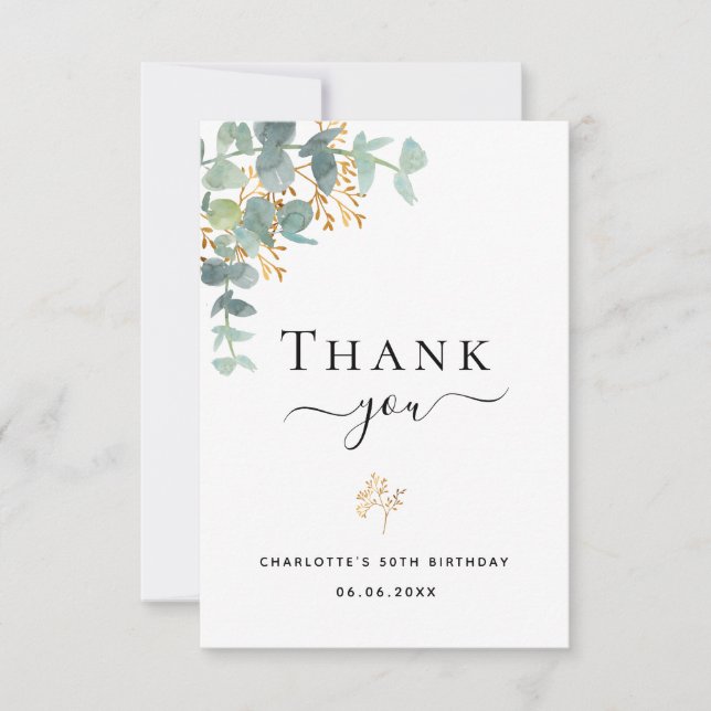 Carte De Remerciements Eeucalyptus d'anniversaire verdure or élégant scri (Devant)