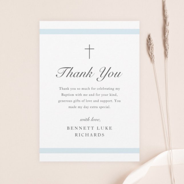 Carte De Remerciements Élégance moderne garçons Baptême (Simple script baptism thank you card with light blue cards and minimal religious cross.)