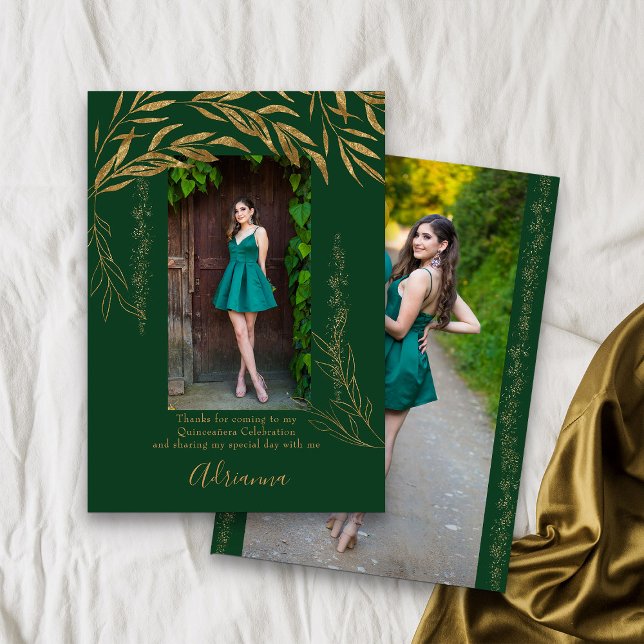 Carte De Remerciements Élégant 2 photo Emerald Green et Gold Leaf (Emerald Green Quinceanera Photo Thank You card from my Gold Leaf Quinceanera Collection)