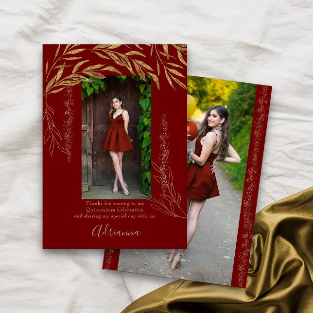 Carte De Remerciements Elégant 2 Photo Rouge et Feuille d'or (Red 2 Photo thank you cards from my Gold Leaf Quinceanera Collection)