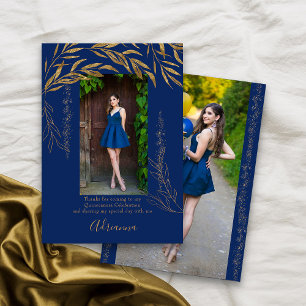 Carte De Remerciements Elégant 2 Photo Royal Blue et Gold Leaf
