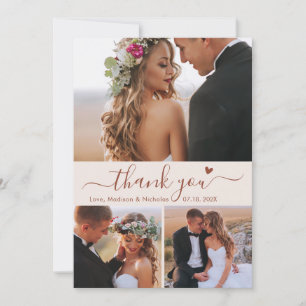 Carte De Remerciements Élégant 3 Photo Collage Mariage de script en terre