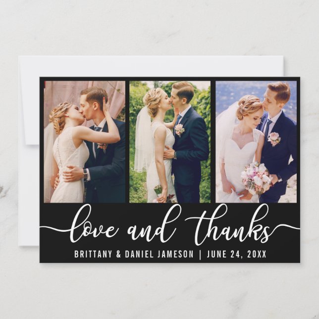 Carte De Remerciements Elegant 3 Photo Mariage Love and Thanks B (Devant)