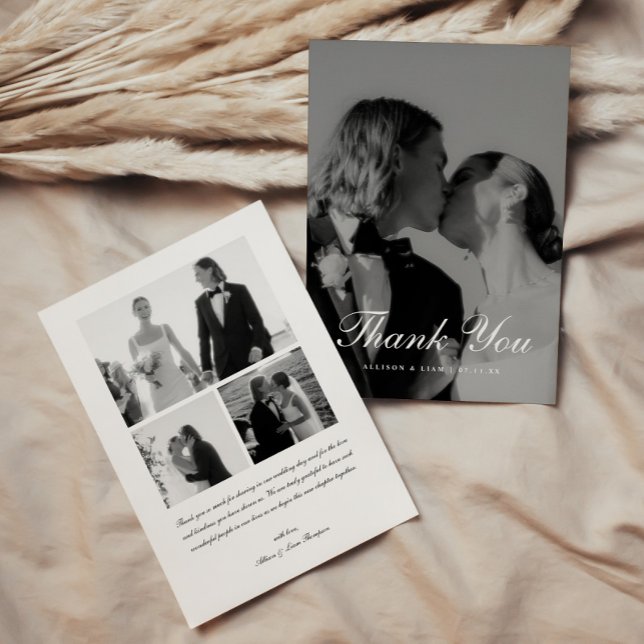 Carte De Remerciements Elegant 4-Photo Black & White Script Wedding (Créateur téléchargé)
