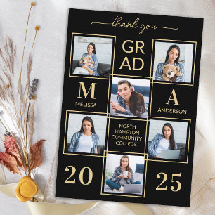 Carte De Remerciements Elégant 6 Photo Personnalisé Black Gold Graduation