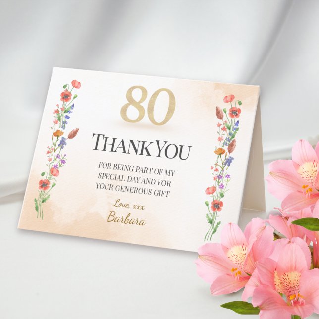 Carte De Remerciements Elégant 80e anniversaire - 80 ans Fleur sauvage (Créateur téléchargé)