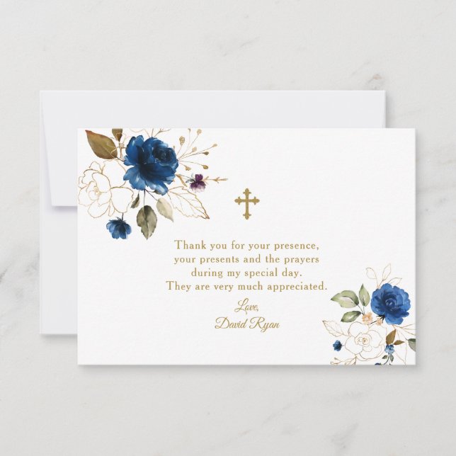 Carte De Remerciements Elégant Aquarelle Bleu Floral Or Baptême (Devant)