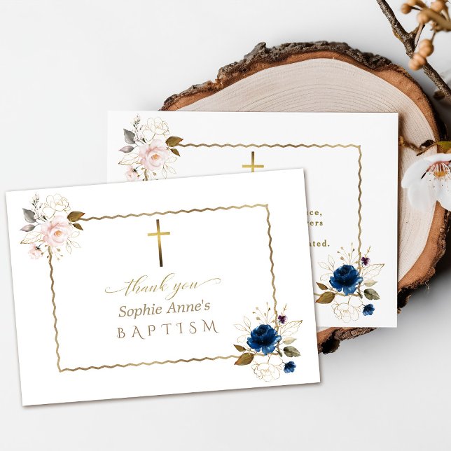 Carte De Remerciements Elégant Aquarelle Bleu Or Fleurs Jumeaux Baptême (Créateur téléchargé)