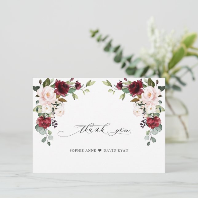 Carte De Remerciements Elégant Aquarelle Bourgogne rose Mariage (Debout devant)