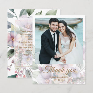 Carte De Remerciements Elégant aquarelle fleurie message photo mariage