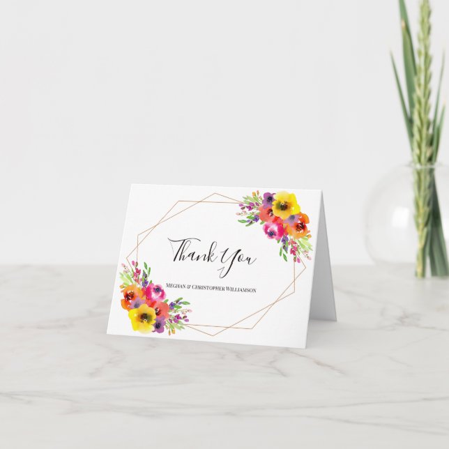 Carte De Remerciements Elégant aquarelle géométrique Mariage photo floral (Devant)