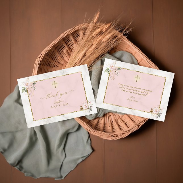 Carte De Remerciements Elégant Aquarelle Rose Or Fleurs Baptême (Créateur téléchargé)
