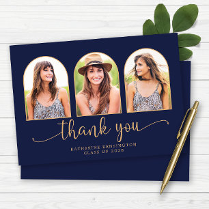 Carte De Remerciements Elégant Arc Marine Blue Gold 3 Photo Graduation