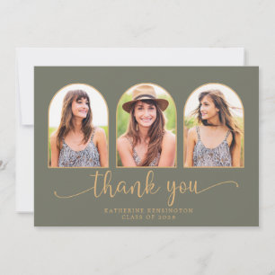 Carte De Remerciements Elégant Arc Sage Green Gold 3 Photo Graduation