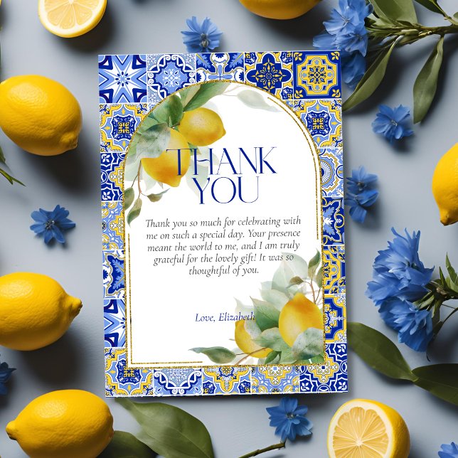 Carte De Remerciements Elegant Arch Carrelage Bleu Italien Bridal Shower (Créateur téléchargé)