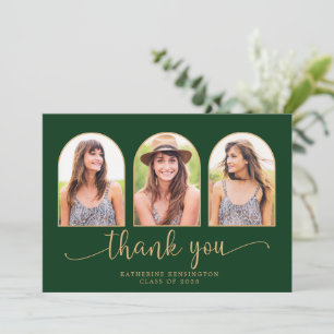 Carte De Remerciements Elégant Arch Forest Green Gold 3 Photo Graduation