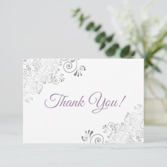 Carte De Remerciements Élégant argenté frills Lavender sur Mariage blanc (Debout devant)