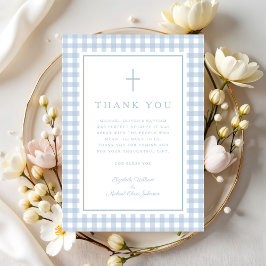 Carte De Remerciements Elegant Baby Blue Gingham Boy Baptism