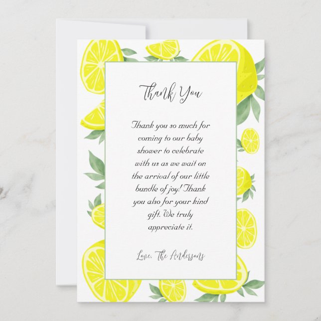 Carte De Remerciements Élégant Baby shower aux citrons (Devant)
