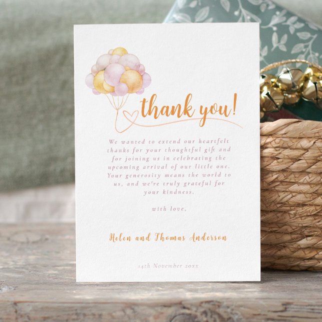 Carte De Remerciements Élégant Baby shower de ballons pour filles de Boho (Elegant Boho Girl Balloon Baby Shower Thank You Card)