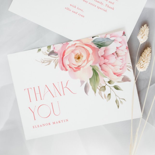 Carte De Remerciements Elégant Baby shower de jardin de fleurs roses vert (Elegant Pink Flowers Greenery Garden Baby Shower Thank You Card.)