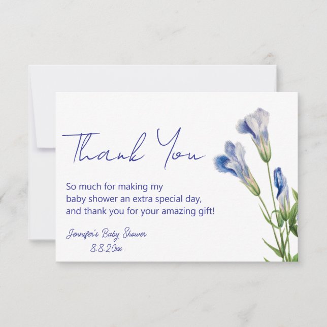 Carte De Remerciements élégant baby shower de script bleu floral (Devant)