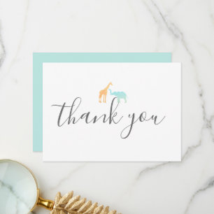 Carte De Remerciements Élégant Baby shower Eléphant Giraffe Script Modern