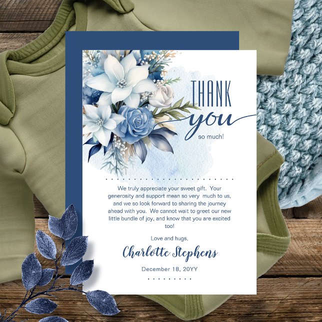 Carte De Remerciements Elégant Baby shower Floral d'hiver bleu (Elegant Blue Winter Floral Boy Baby Shower or Sprinkle Thank You Card)
