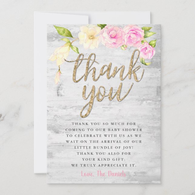 Carte De Remerciements Élégant Baby shower Floral rose (Devant)