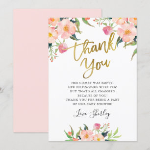Carte De Remerciements Élégant Baby shower rose Floral Gold Script