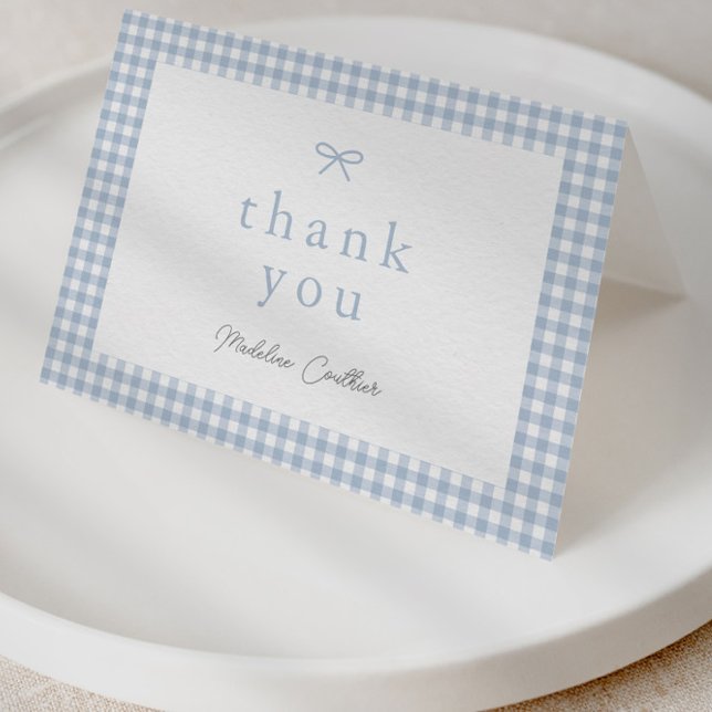 Carte De Remerciements Elégant Baby shower simple Dusty Blue Boys (Dusty blue bow gingham baby shower thank you card.)