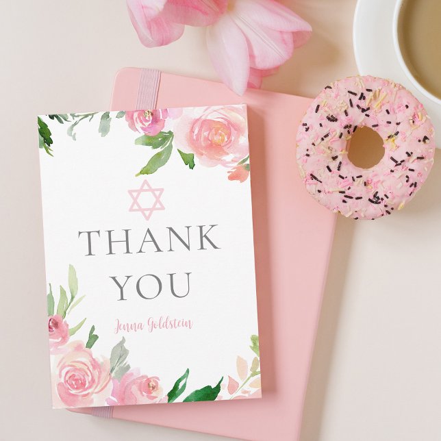 Carte De Remerciements Elegant Bat Mitzvah Party Personalized Pink Floral (Créateur téléchargé)