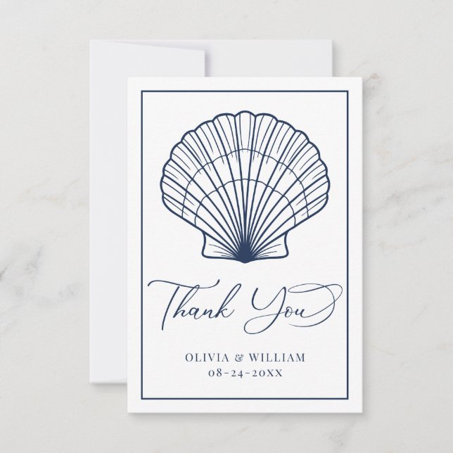 Carte De Remerciements Elégant Beach Seashell Marine Mariage bleu (Devant)