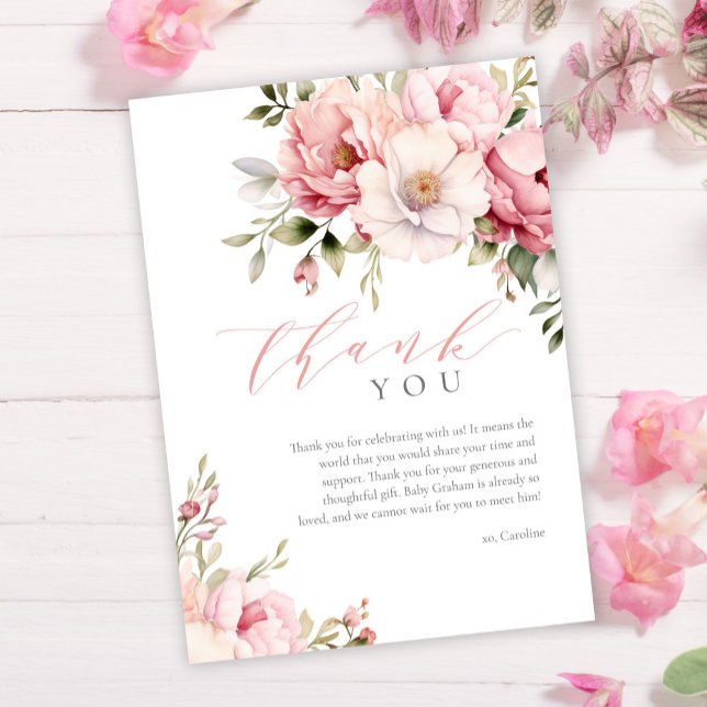 Carte De Remerciements Élégant Bébé rose En Fleur Baby shower Fille (Créateur téléchargé)