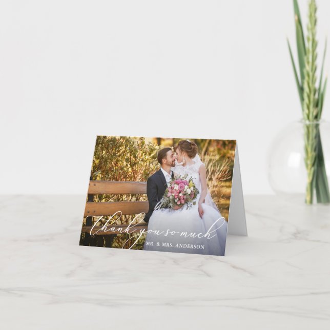Carte De Remerciements Elégant belle calligraphie Photo Mariage Note (Devant)