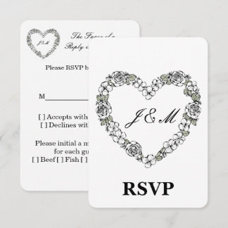 Carte De Remerciements Elegant Black and White Floral Heart Wedding RSVP