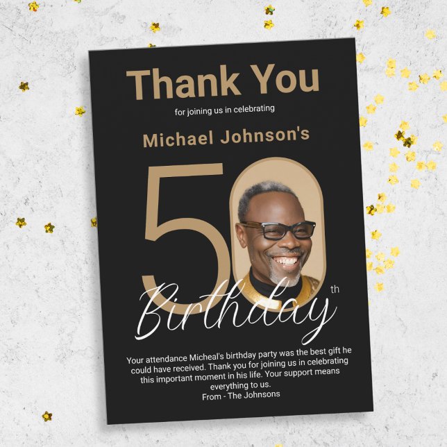 Carte De Remerciements Elégant Black Gold 50e anniversaire (Elegant Black Gold 50th Birthday Thank You Card)
