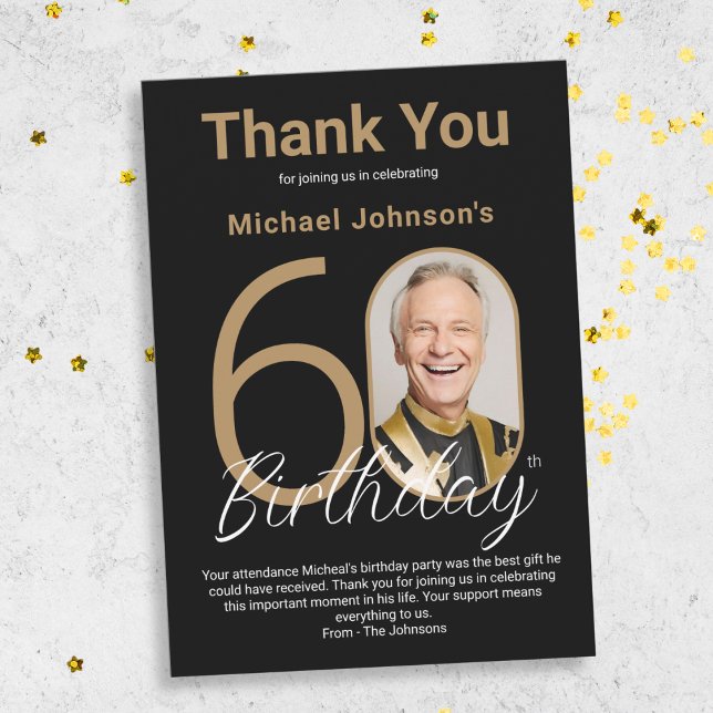 Carte De Remerciements Elégant Black Gold 60e anniversaire (Elegant Black Gold 60th Birthday Thank You Card)