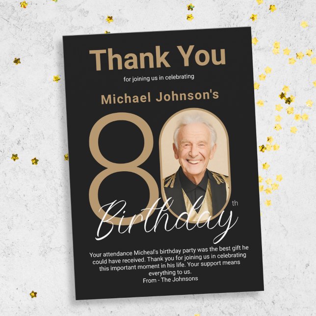 Carte De Remerciements Elégant Black Gold 80e anniversaire (Elegant Black Gold 80th Birthday Thank You Card)