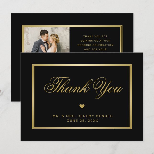 Carte De Remerciements Elégant Black Gold Calligraphy Heart Photo Mariage (Devant / Derrière)